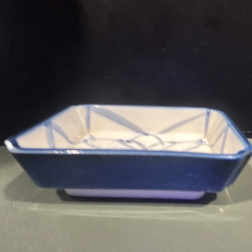 Blue & White Geometric Rectangle Ceramic Dish, Glossy Finish, 1 Compartment